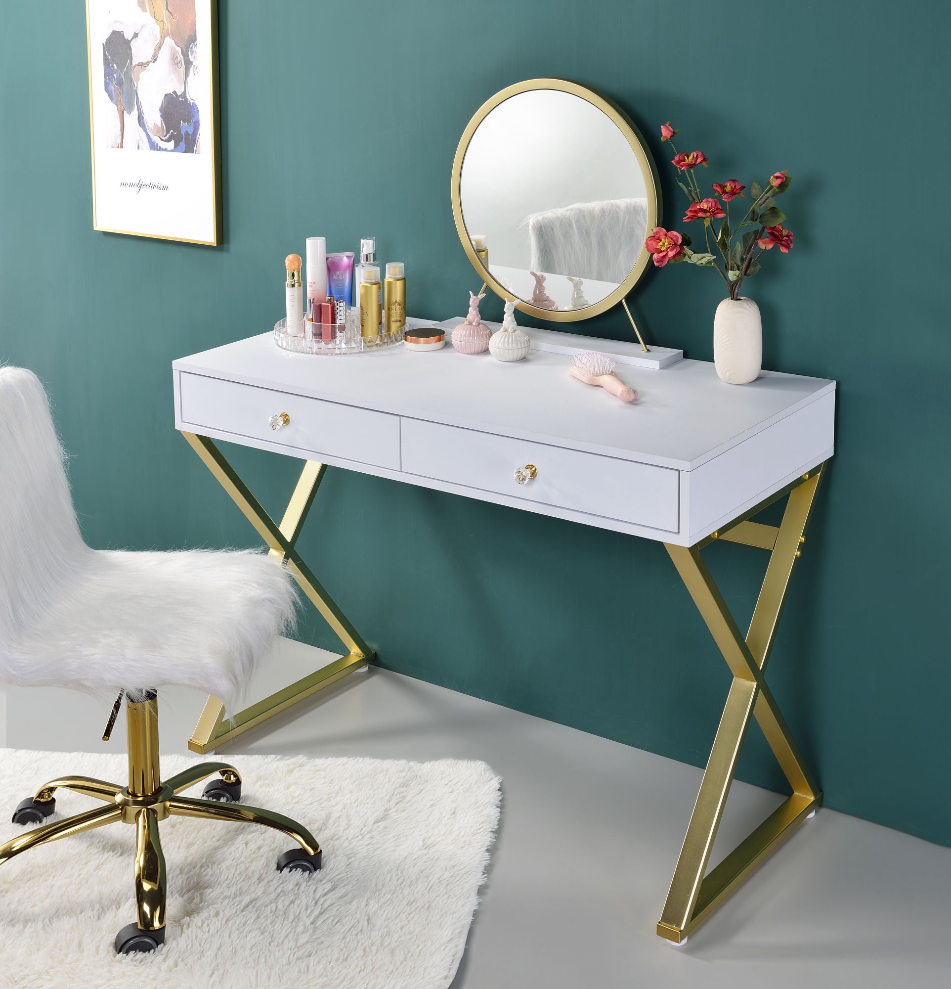 ACME Coleen Vanity Desk w/Mirror & Jewelry Tray in White & Gold Finish AC00667 - lolaluxeshop