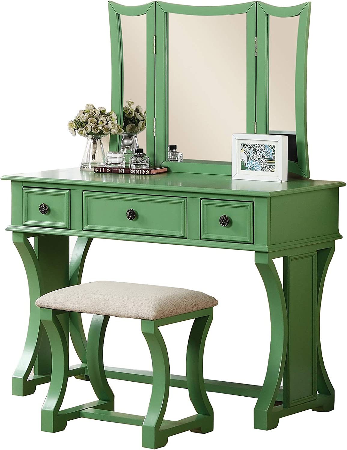 Unique Modern Bedroom Vanity Set w Stool Foldable Mirror Drawers Apple Green Color MDF Veneer 1pc Vanity Furniture - lolaluxeshop