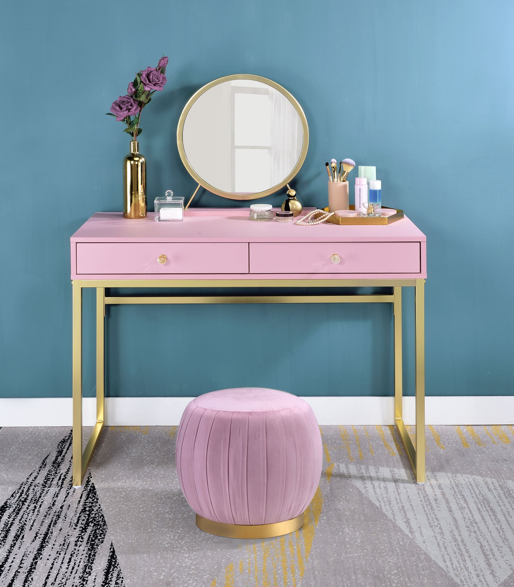 ACME Coleen Vanity Desk w/Mirror & Jewelry Tray in Pink & Gold Finish AC00668 - lolaluxeshop