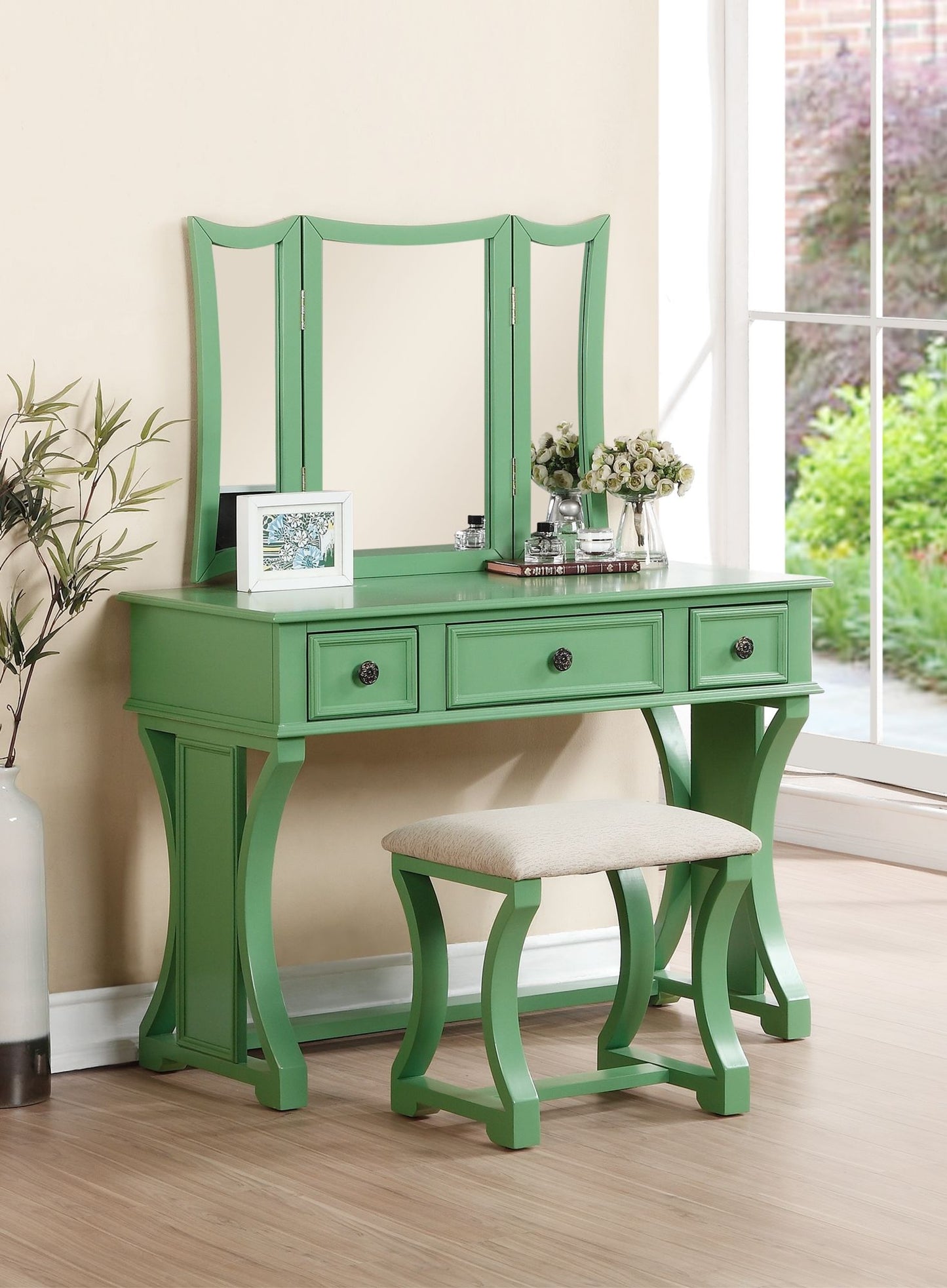 Unique Modern Bedroom Vanity Set w Stool Foldable Mirror Drawers Apple Green Color MDF Veneer 1pc Vanity Furniture - lolaluxeshop