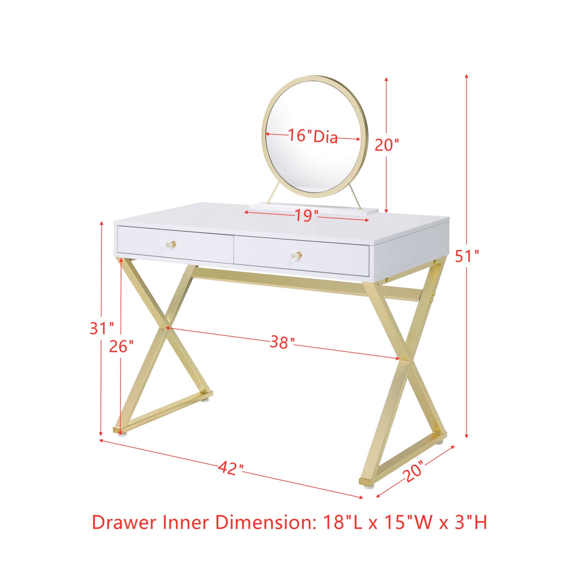 ACME Coleen Vanity Desk w/Mirror & Jewelry Tray in White & Gold Finish AC00667 - lolaluxeshop