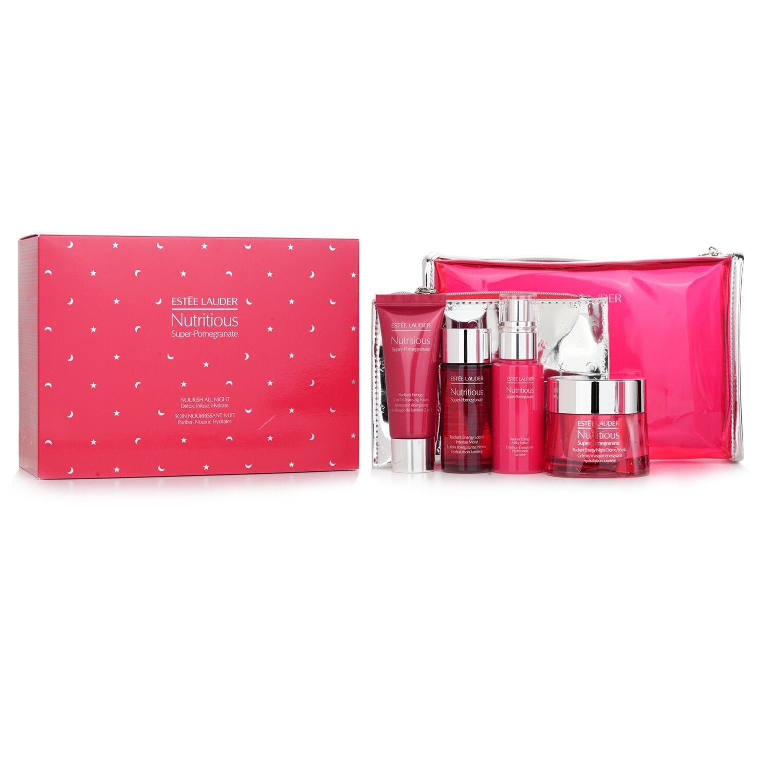 ESTEE LAUDER - Nutritious Super-Pomegranate Nourish All Night Set: Night Creme+ Milky Lotion+ Lotion Intense Moist+ Cleansing Form ... 4pcs+2bags - lolaluxeshop