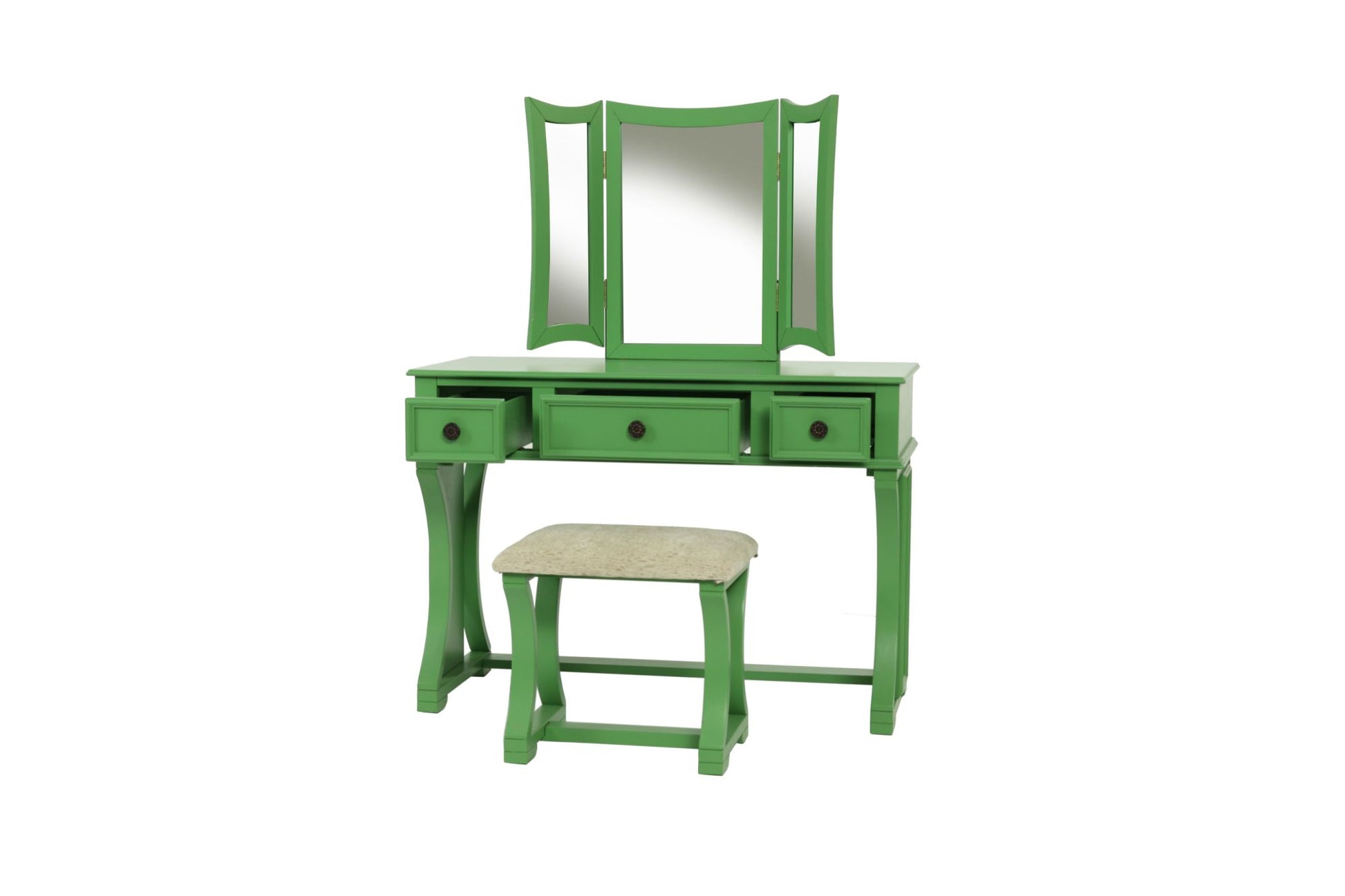 Unique Modern Bedroom Vanity Set w Stool Foldable Mirror Drawers Apple Green Color MDF Veneer 1pc Vanity Furniture - lolaluxeshop