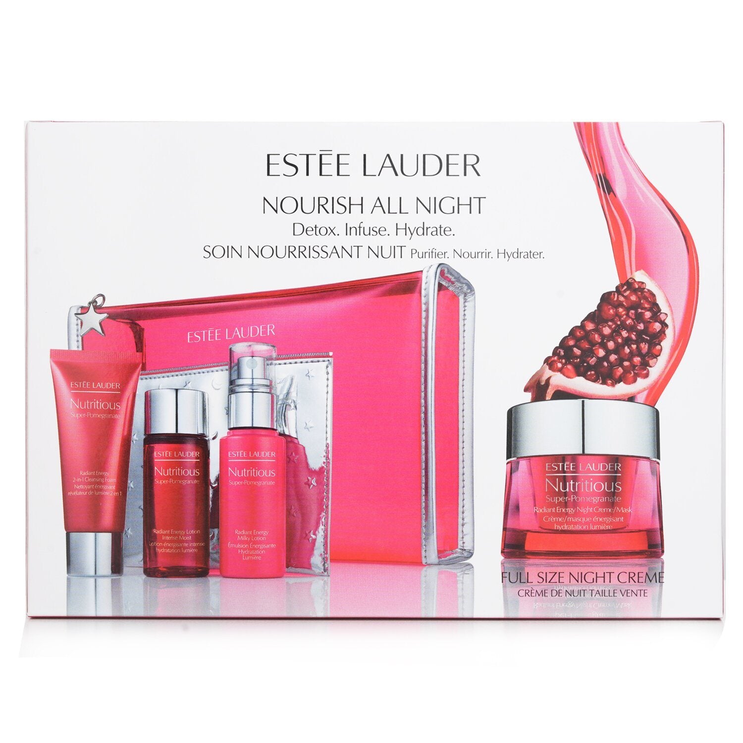 ESTEE LAUDER - Nutritious Super-Pomegranate Nourish All Night Set: Night Creme+ Milky Lotion+ Lotion Intense Moist+ Cleansing Form ... 4pcs+2bags - lolaluxeshop