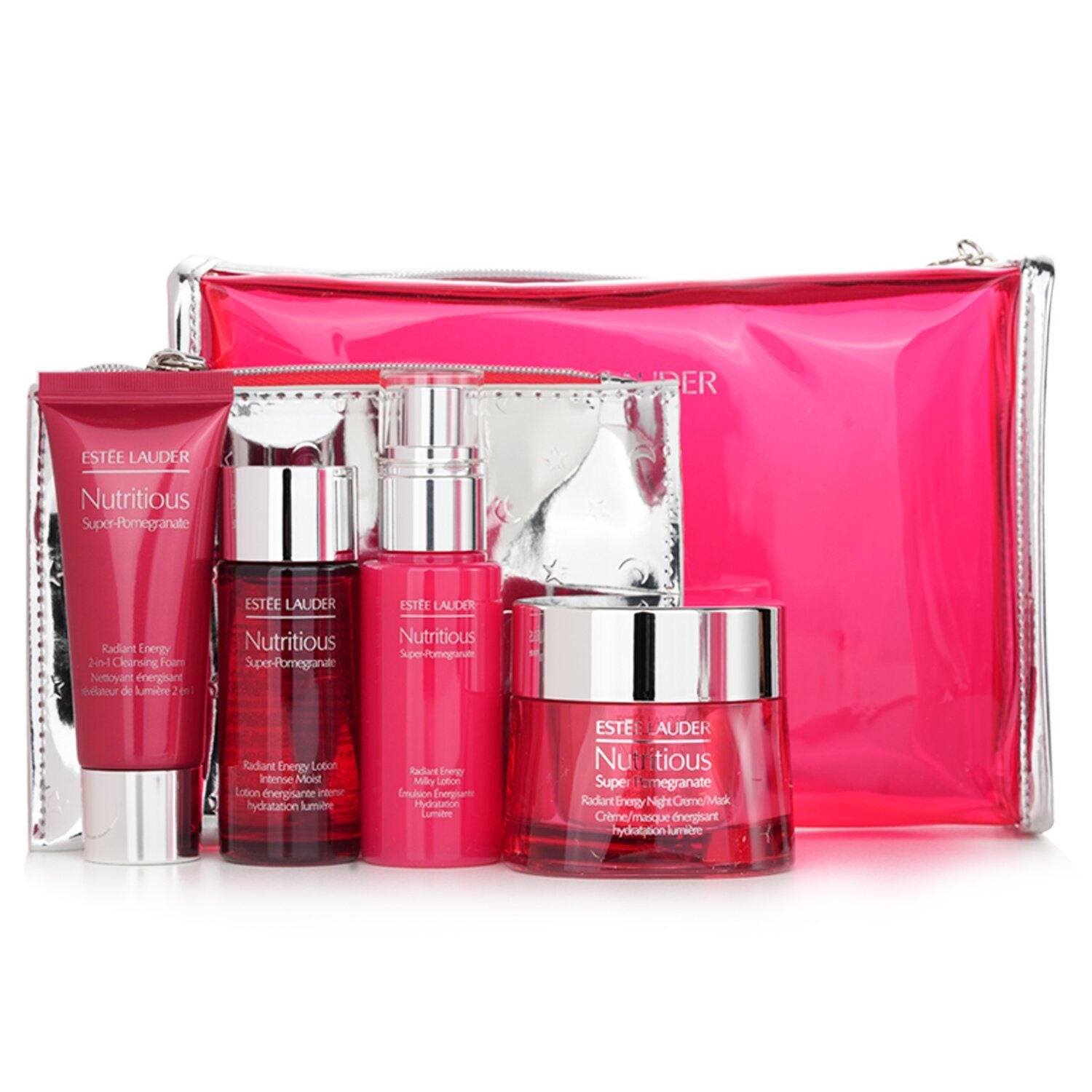 ESTEE LAUDER - Nutritious Super-Pomegranate Nourish All Night Set: Night Creme+ Milky Lotion+ Lotion Intense Moist+ Cleansing Form ... 4pcs+2bags - lolaluxeshop