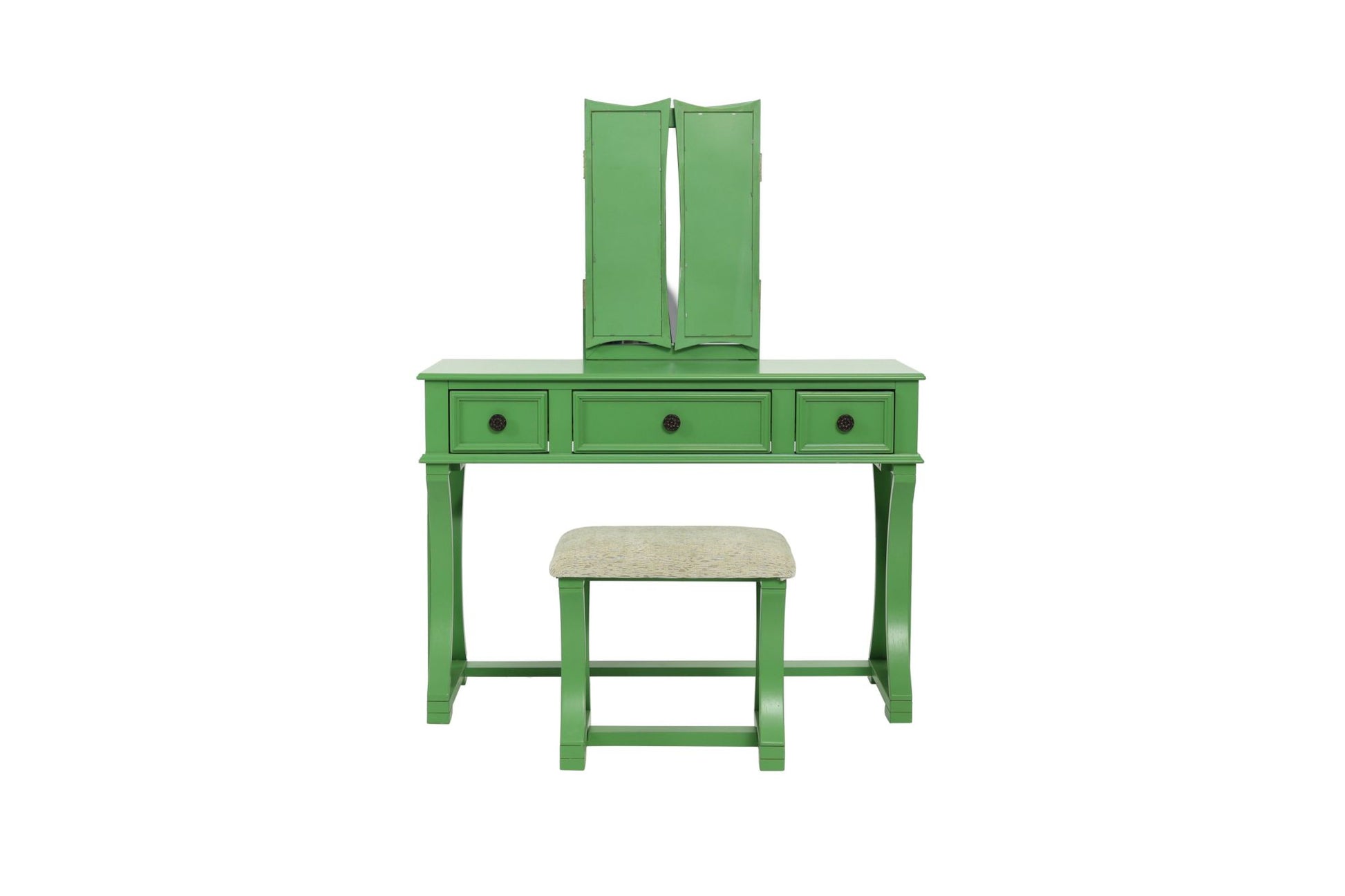 Unique Modern Bedroom Vanity Set w Stool Foldable Mirror Drawers Apple Green Color MDF Veneer 1pc Vanity Furniture - lolaluxeshop