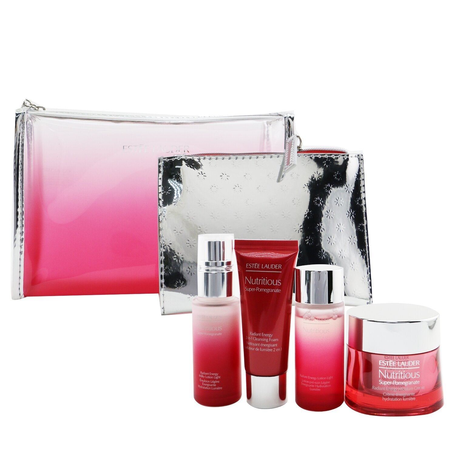 ESTEE LAUDER - Nutritious Super-Pomegranate Reveal A Rosy Radiance Set: Moisture Creme+ Milky Lotion Light+ Lotion+ Cleansing Foam ... 4pcs+2bags - lolaluxeshop