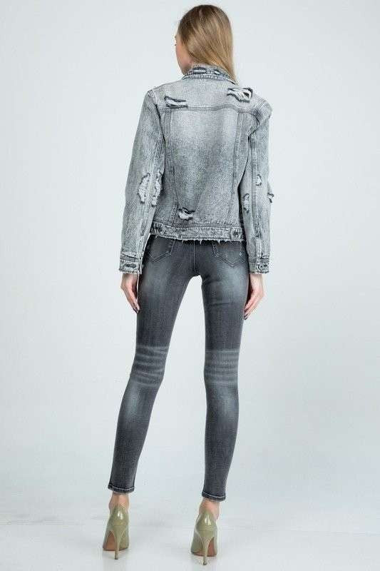 REGULAR GRAY DENIM JACKET WITH DESTROY - LOLA LUXE