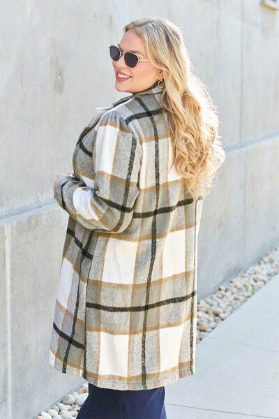 Double Take Full Size Plaid Button Up Lapel Collar Coat - lolaluxeshop