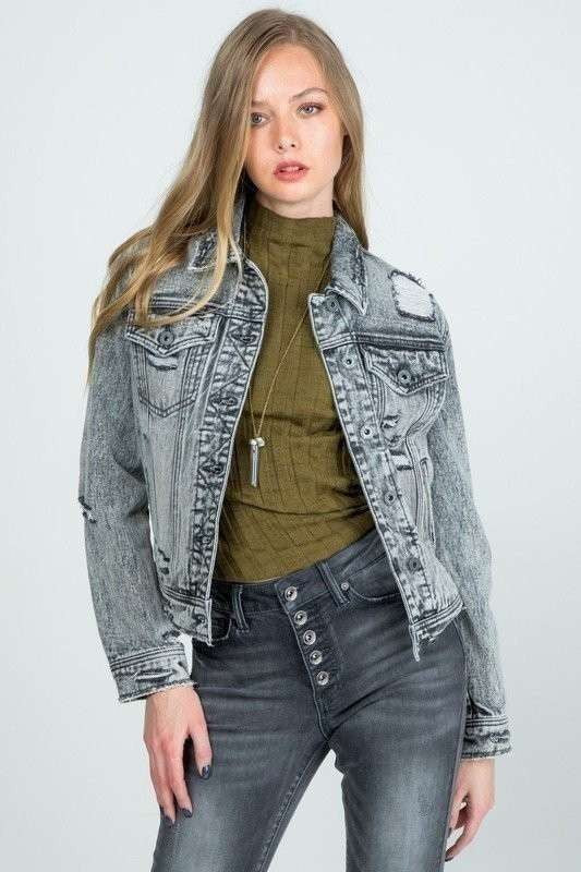 REGULAR GRAY DENIM JACKET WITH DESTROY - LOLA LUXE