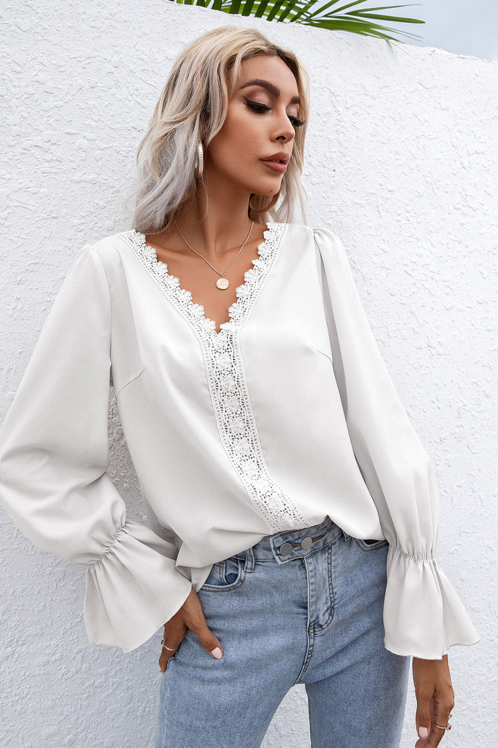 Lace Trim Flounce Sleeve Blouse - LOLA LUXE