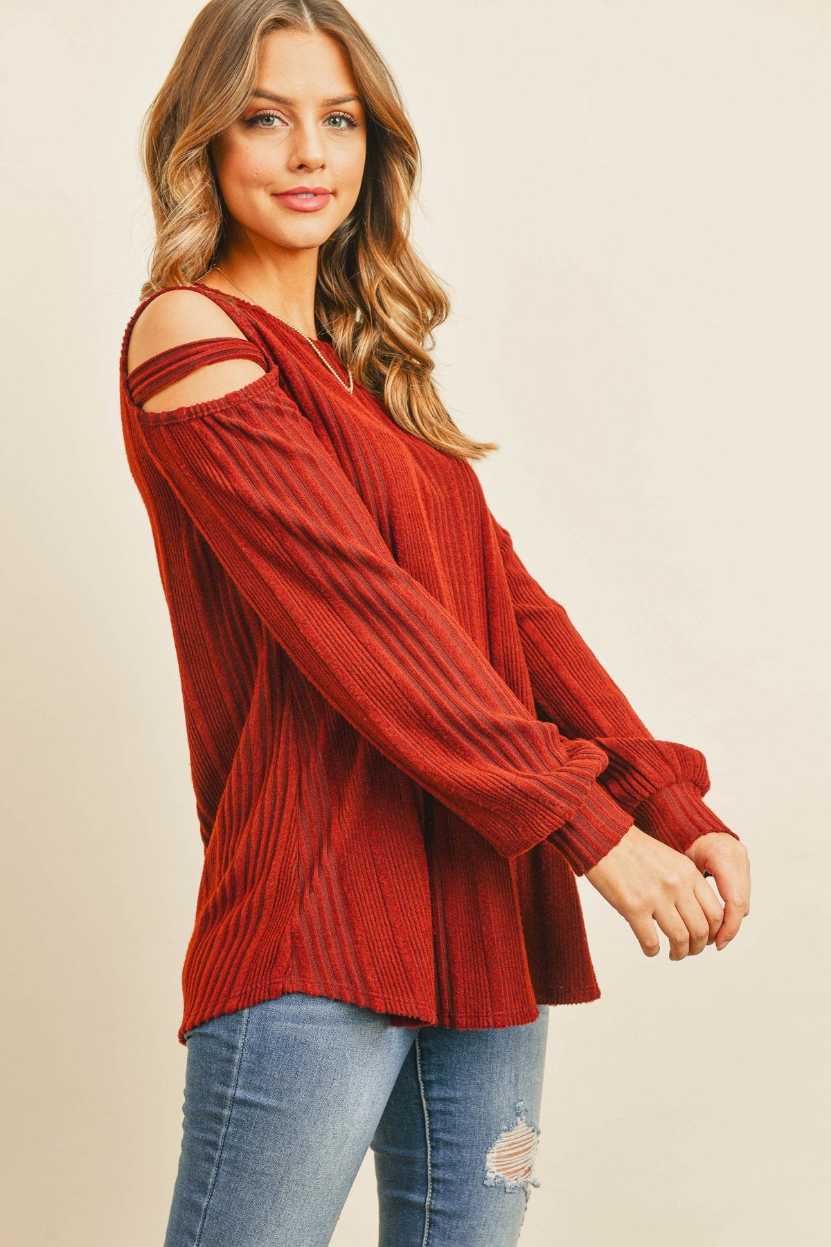 Ladder Open Should Long Sleeved Rib Detail Top - LOLA LUXE