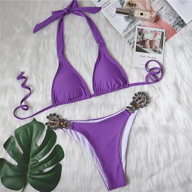 Diamond Bikini Sexy Push Up Halter Swimsuit Female Crystal Swimwear Women Brazilian Biquini Bathing Suit New - LOLA LUXE