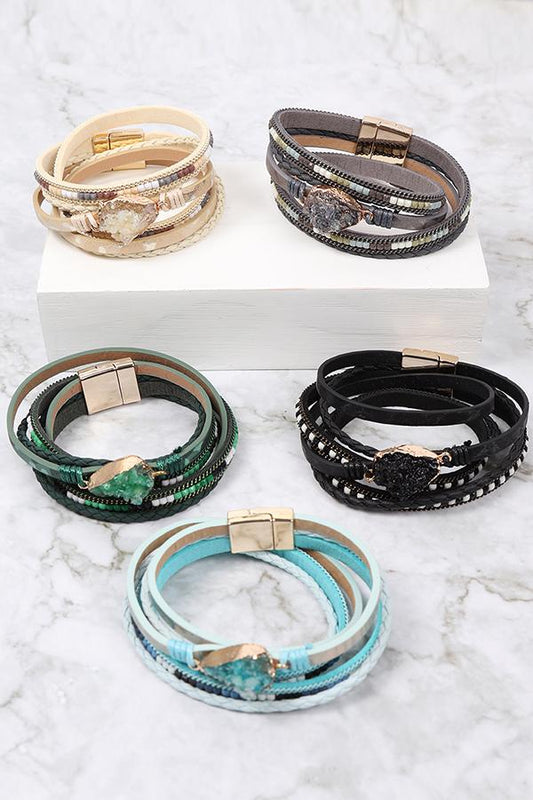 Hdb2981 - Druzy Stone Leather Wrap Magnetic Bracelet - LOLA LUXE