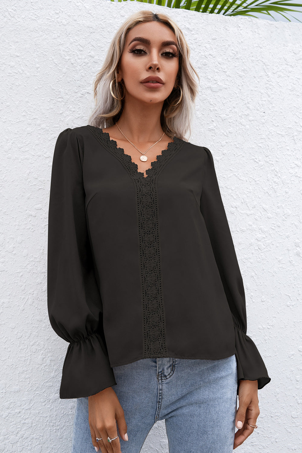 Lace Trim Flounce Sleeve Blouse - LOLA LUXE