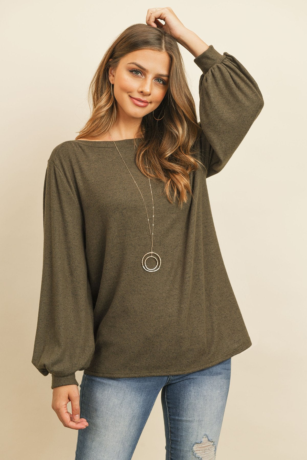 Puff Sleeved Boat Neck Two Toned Brushed Hacci Top - LOLA LUXE