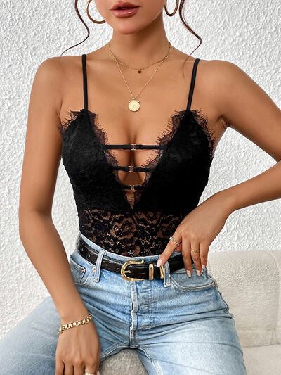 Lace Plunge Spaghetti Strap Bodysuit - lolaluxeshop