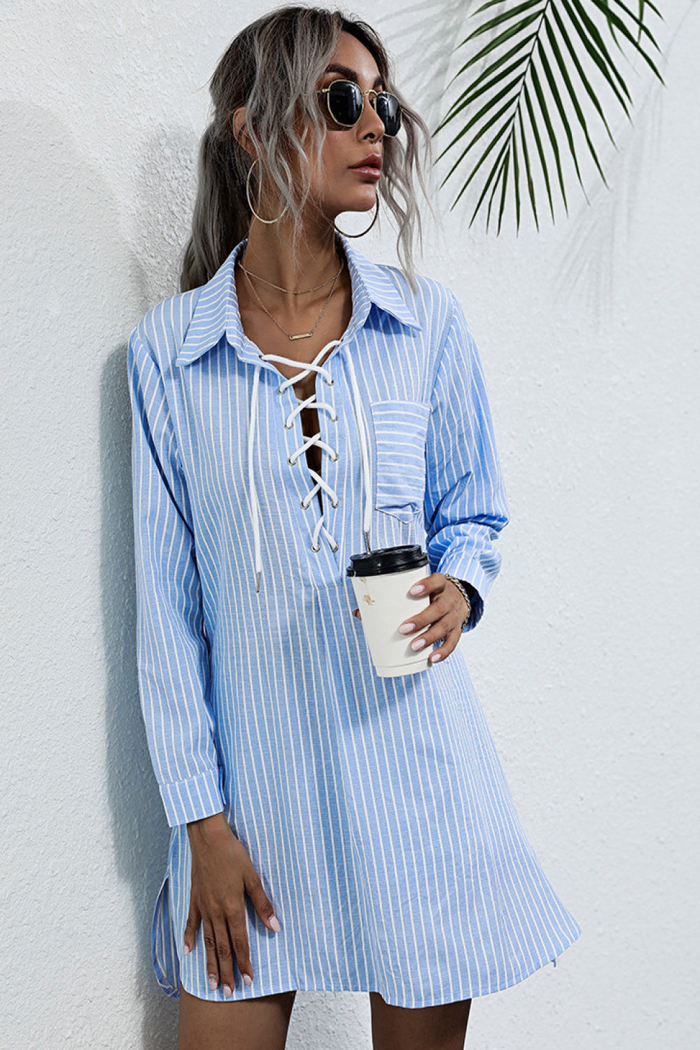 Lace Up Collar Shirt Dress - LOLA LUXE