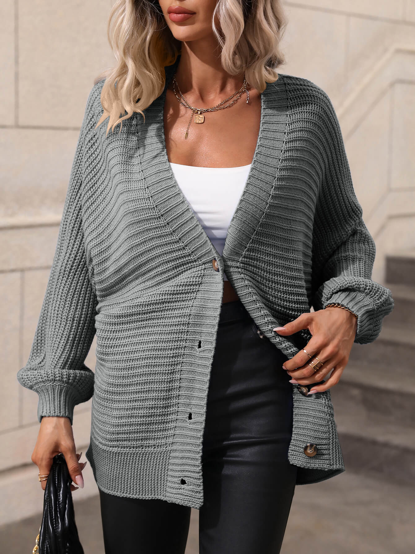 Button Down Horizontal-Ribbing Longline Cardigan - LOLA LUXE