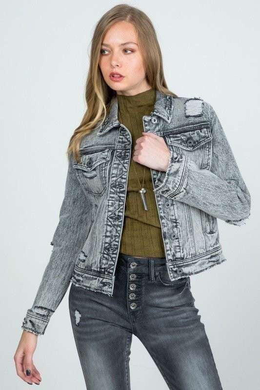 REGULAR GRAY DENIM JACKET WITH DESTROY - LOLA LUXE