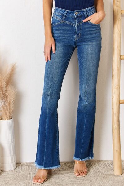 Kancan High Rise Raw Hem Flare Jeans - lolaluxeshop