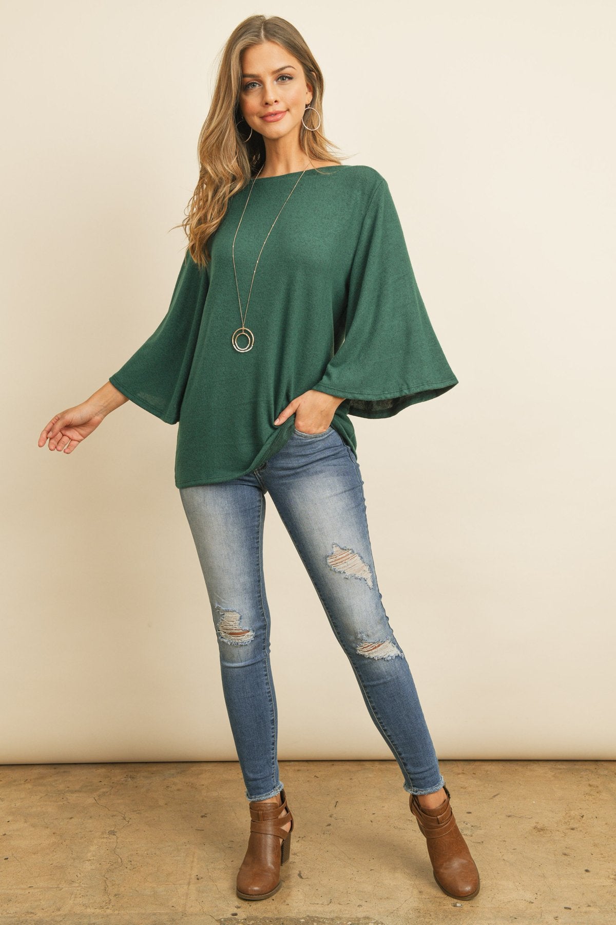 Boat Neck Bell Sleeve Solid Hacci Brushed Top - LOLA LUXE