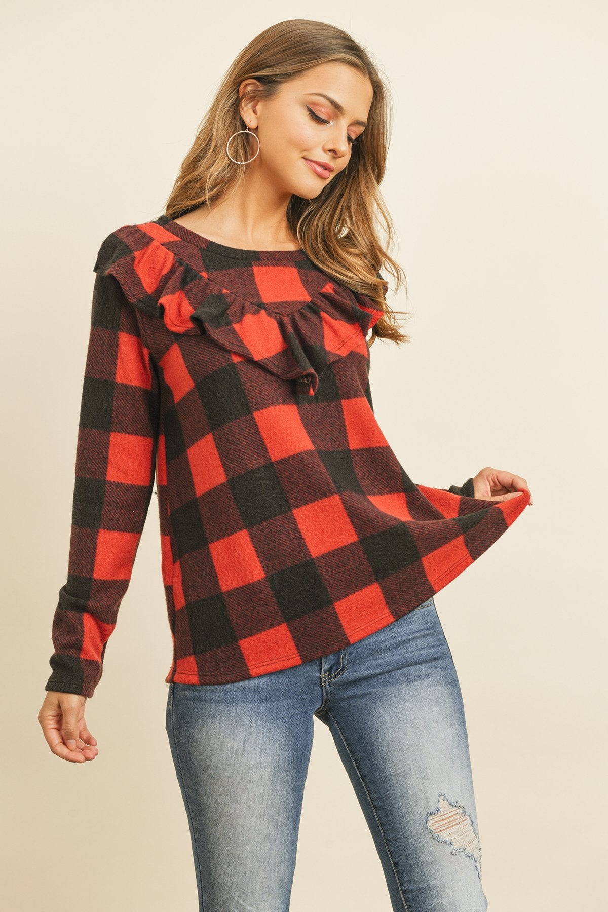 V-Shaped Brushed Plaid Ruffle Detail Long Sleeve Top - LOLA LUXE