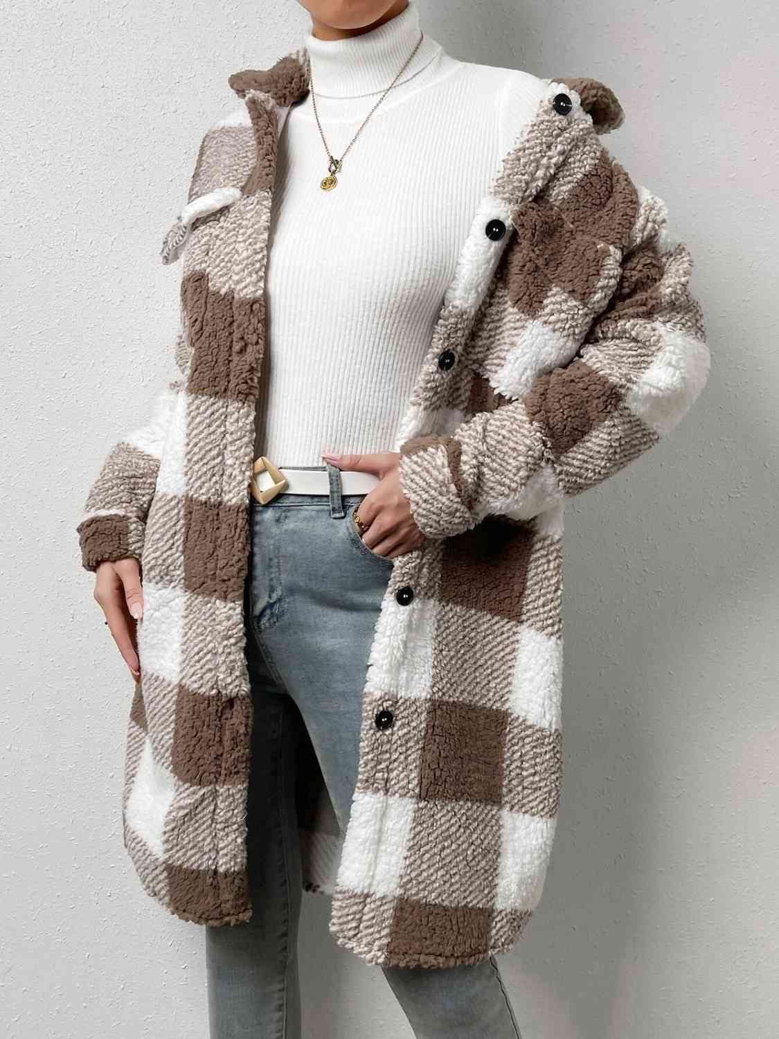 Plaid Collared Neck Button Down Coat - lolaluxeshop