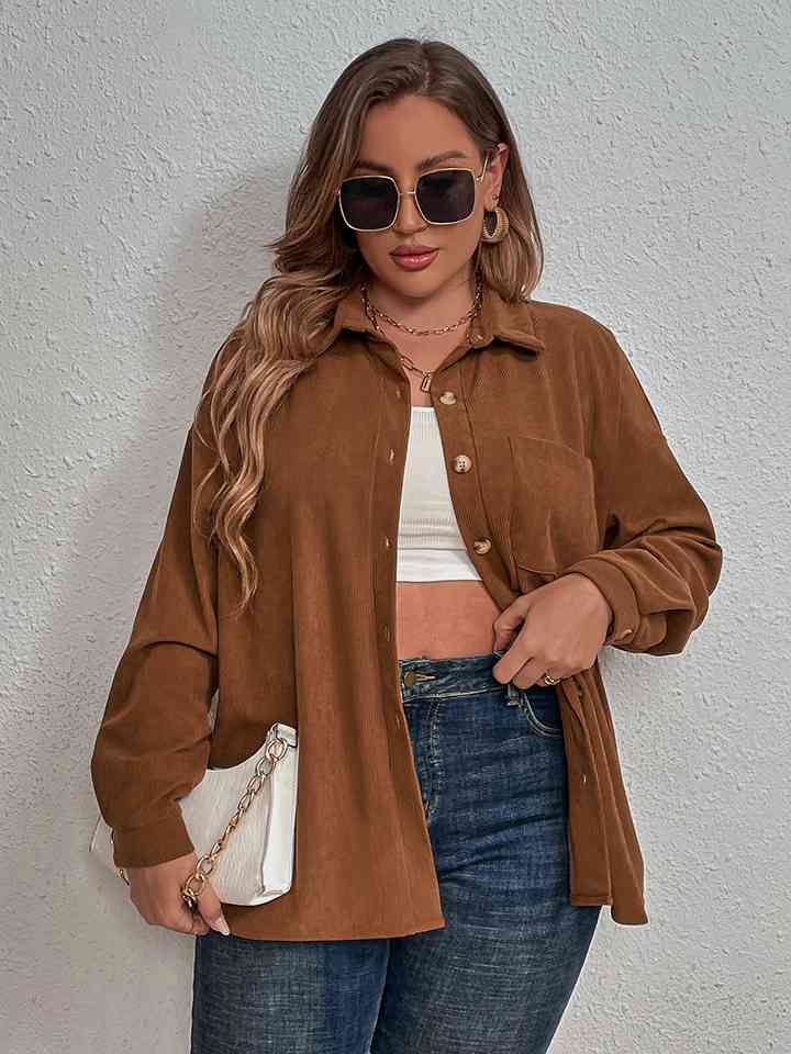 Plus Size Collared Neck Long Sleeve Shirt - lolaluxeshop