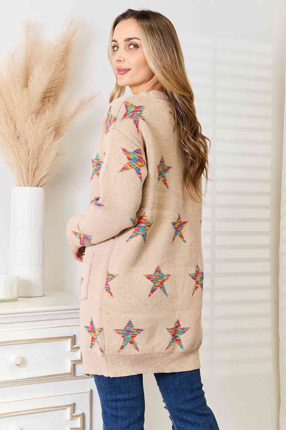 Double Take Star Pattern Open Front Longline Cardigan - lolaluxeshop