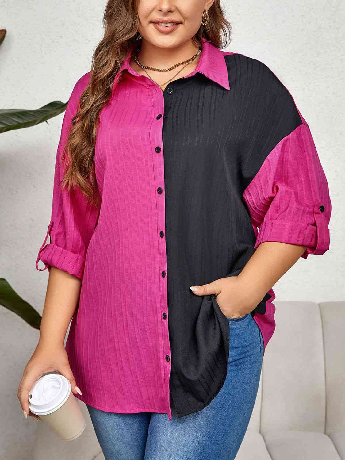 Plus Size Contrast Color Roll-Tap Sleeve Shirt - lolaluxeshop