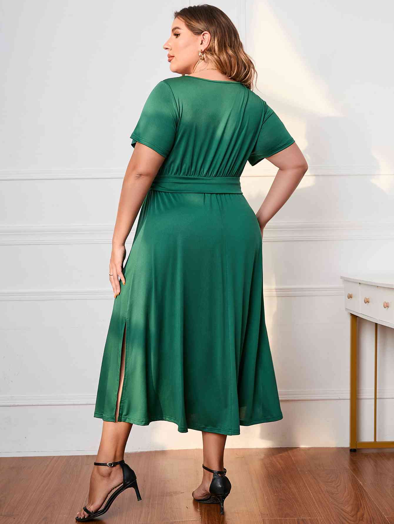 Plus Size Short Sleeve Surplice Neck Midi Dress - lolaluxeshop