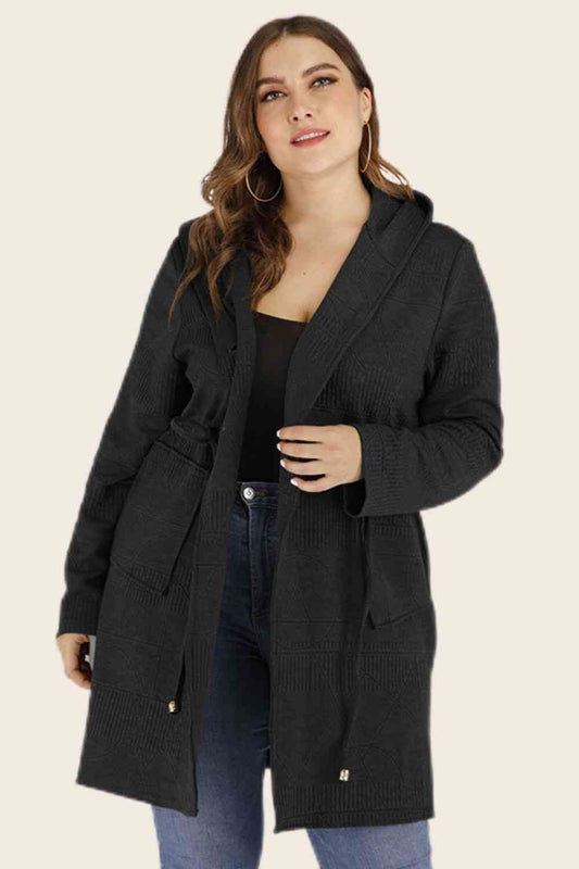 Plus Size Drawstring Waist Hooded Cardigan with Pockets - lolaluxeshop