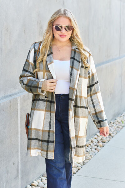 Double Take Full Size Plaid Button Up Lapel Collar Coat - lolaluxeshop