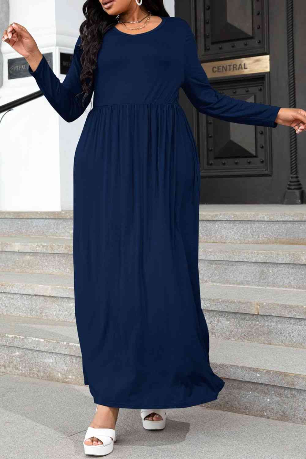 Plus Size Round Neck Long Sleeve Maxi Dress with Pockets - lolaluxeshop