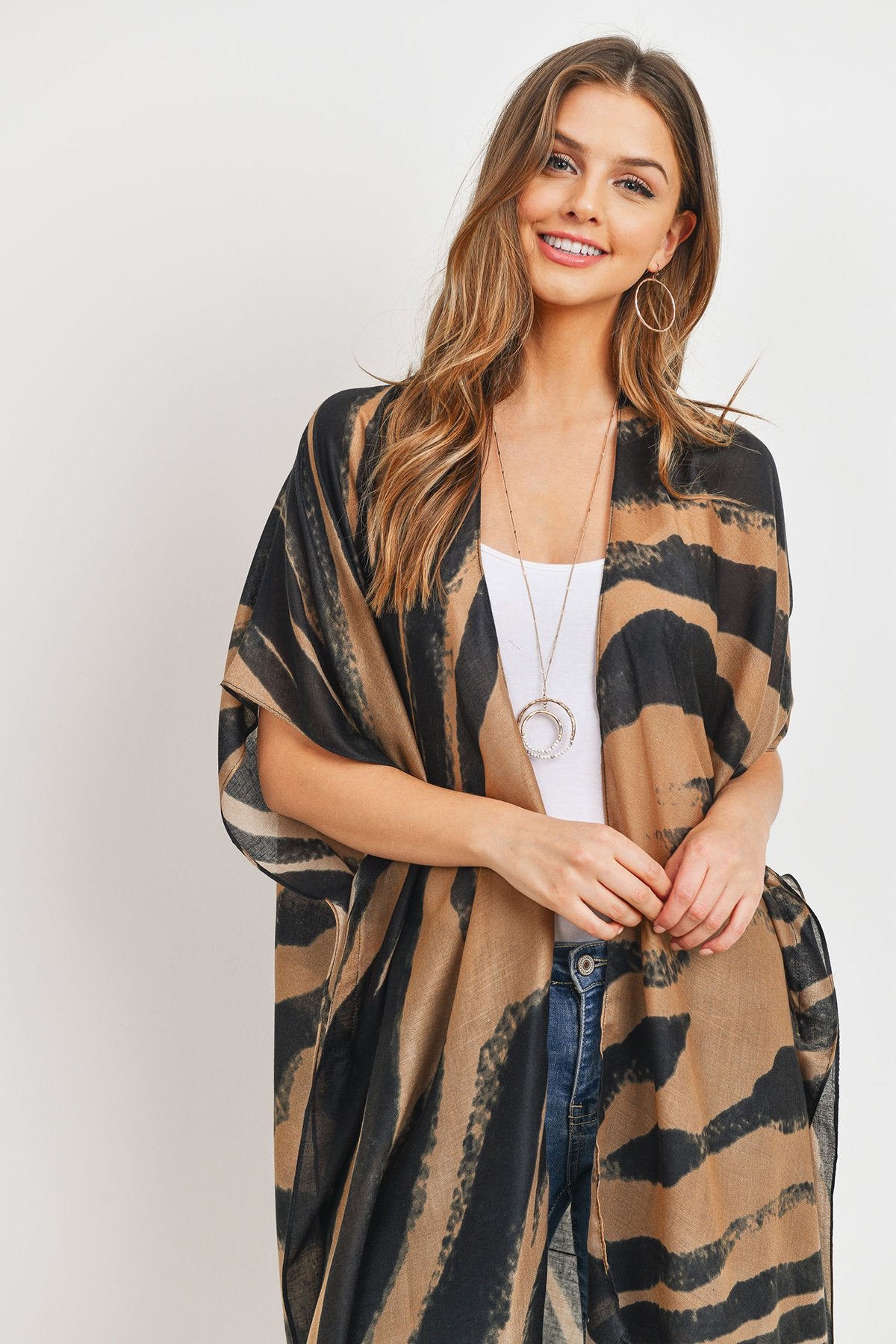 Hdf3167 - Zebra Line Print Open Front Kimono - LOLA LUXE