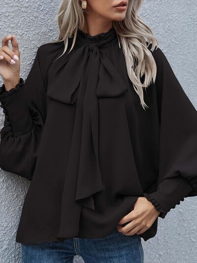 Tie Neck Lantern Sleeve Blouse - lolaluxeshop