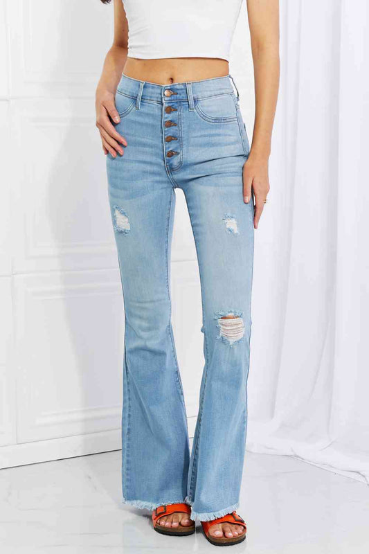 Vibrant MIU Full Size Jess Button Flare Jeans - lolaluxeshop