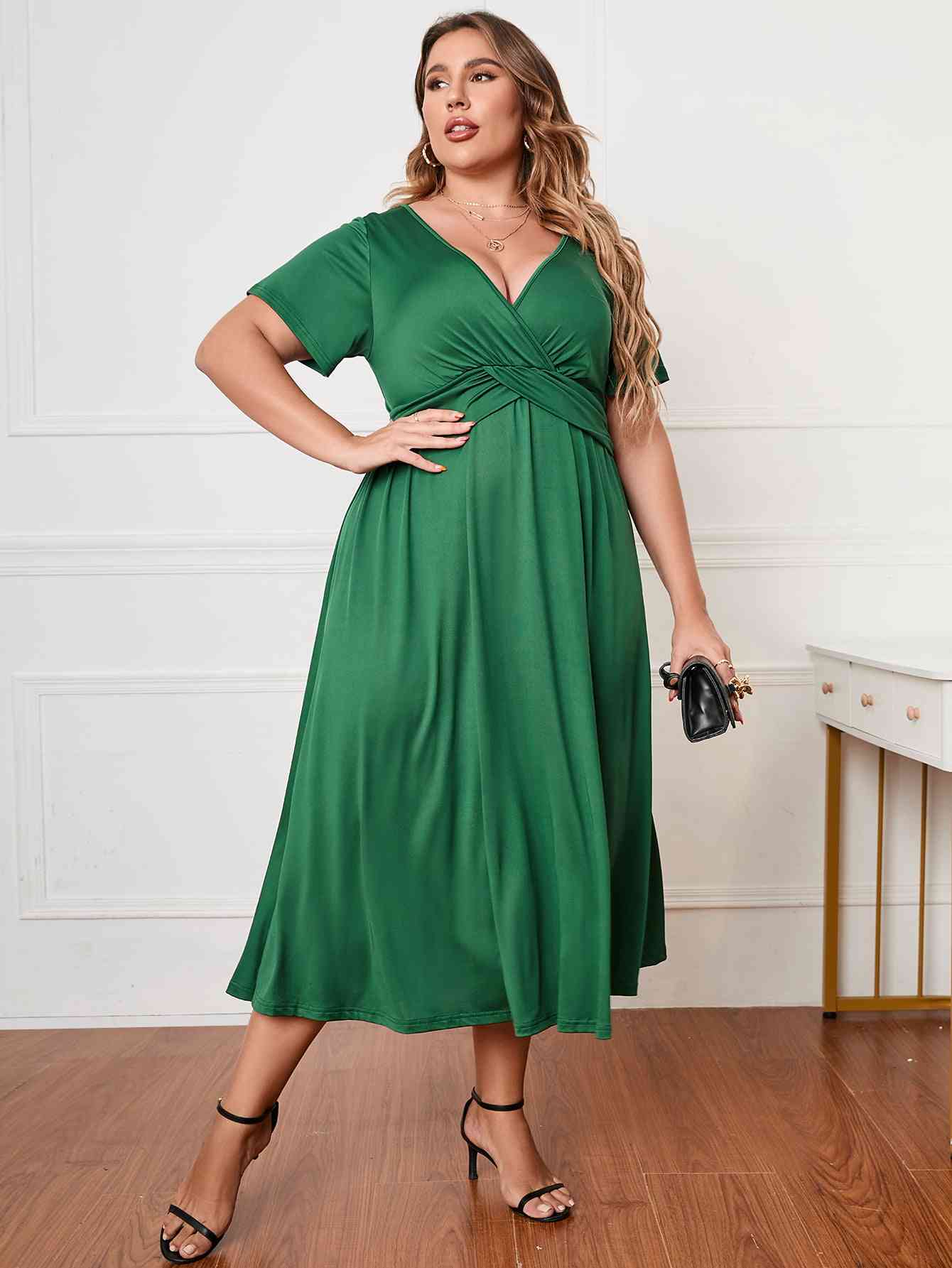 Plus Size Short Sleeve Surplice Neck Midi Dress - lolaluxeshop