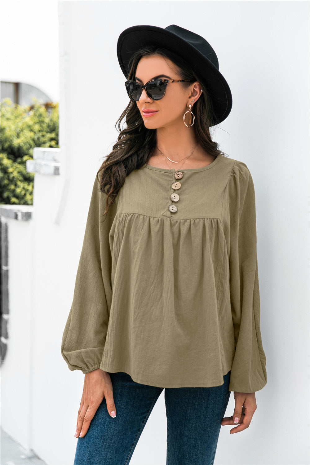 Button Up Balloon Sleeve Blouse - LOLA LUXE