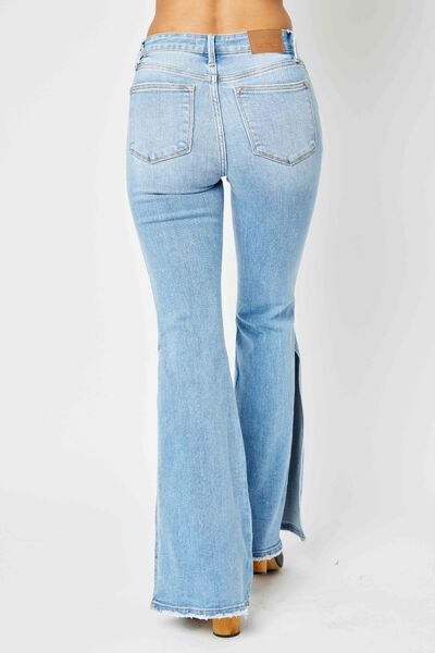 Judy Blue Full Size Mid Rise Raw Hem Slit Flare Jeans - lolaluxeshop