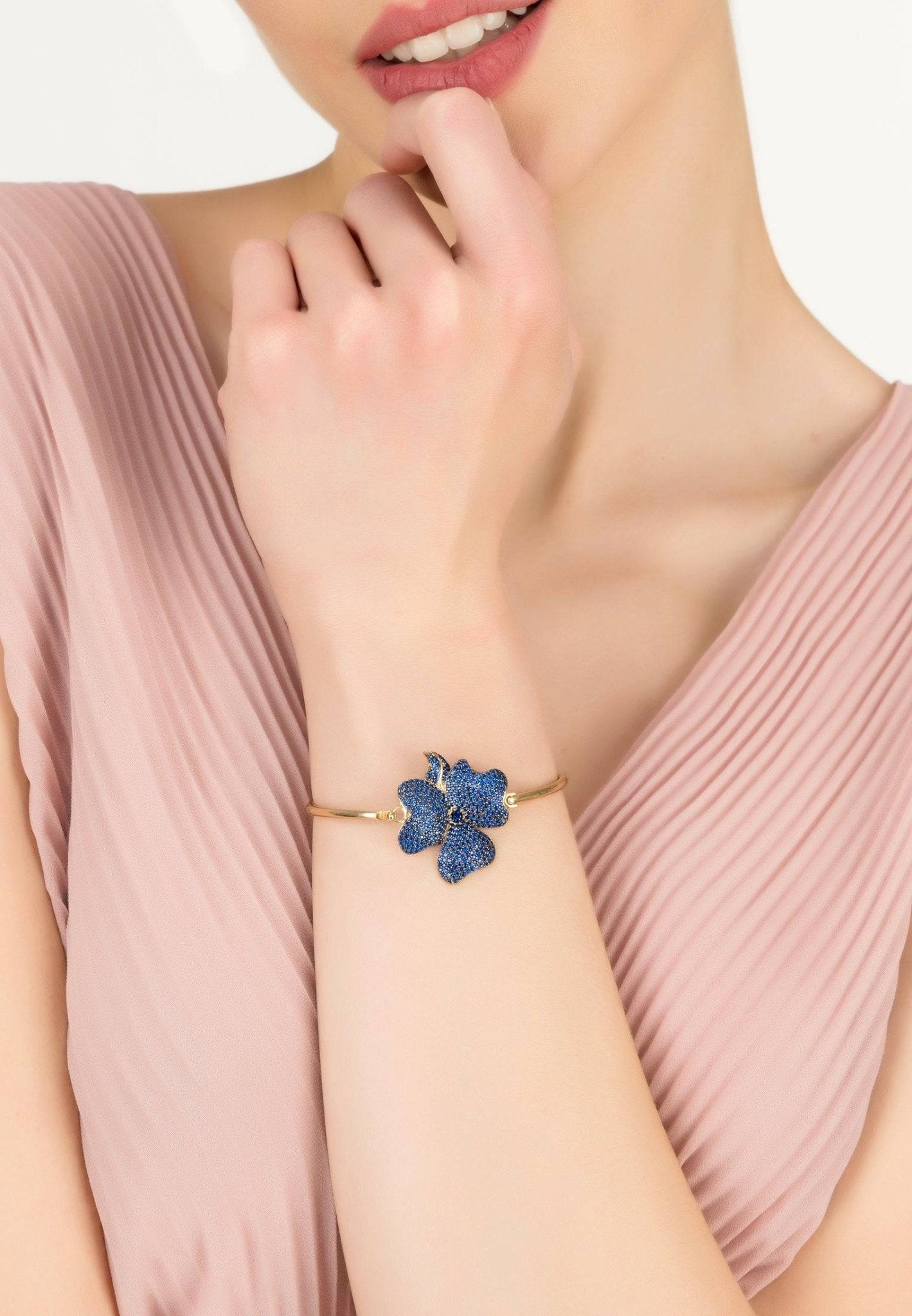 Flower Large Statement Cuff Bracelet Gold Sapphire Blue - lolaluxeshop