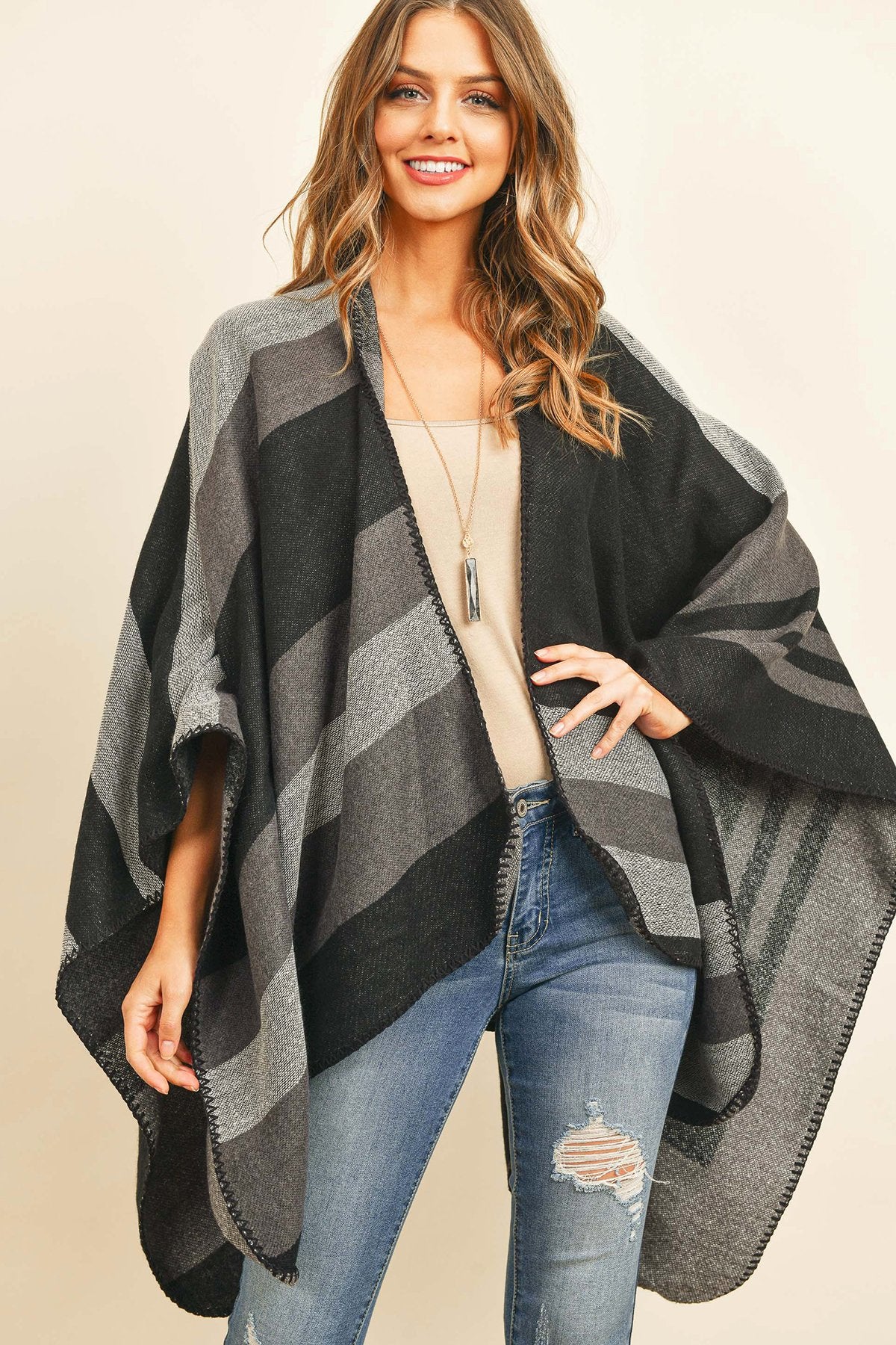 Hdf3152 - Block Pattern Open Front Kimono - LOLA LUXE