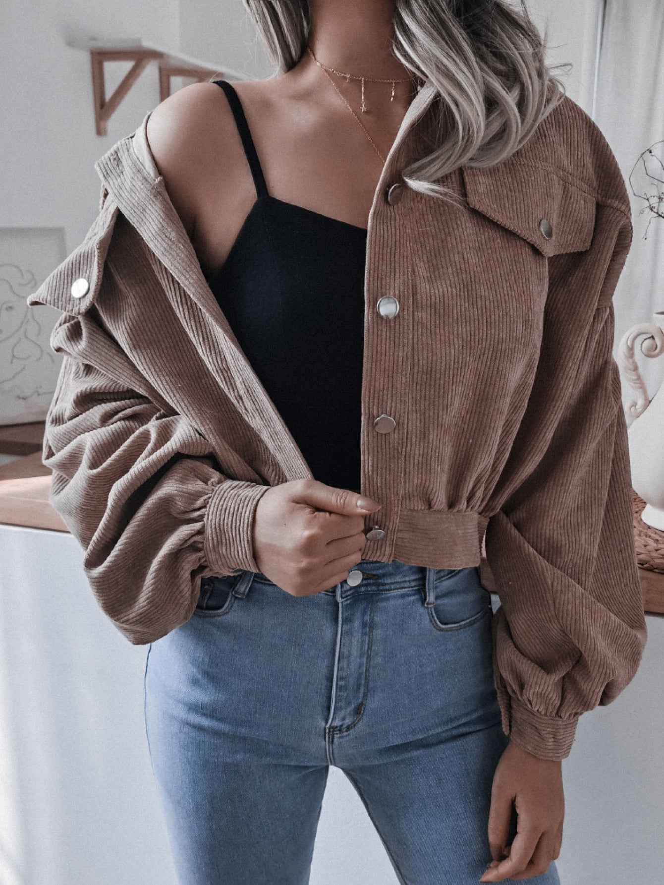 Lantern Sleeve Cropped Corduroy Jacket - LOLA LUXE