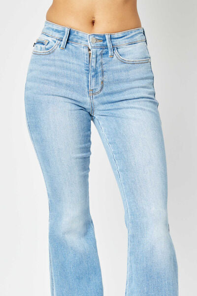 Judy Blue Full Size Mid Rise Raw Hem Slit Flare Jeans - lolaluxeshop