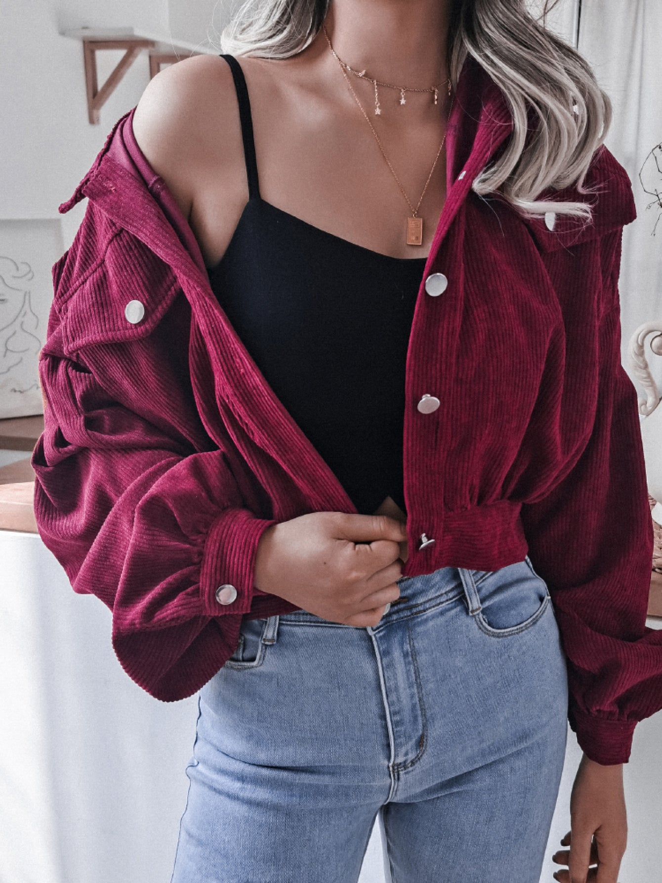 Lantern Sleeve Cropped Corduroy Jacket - LOLA LUXE