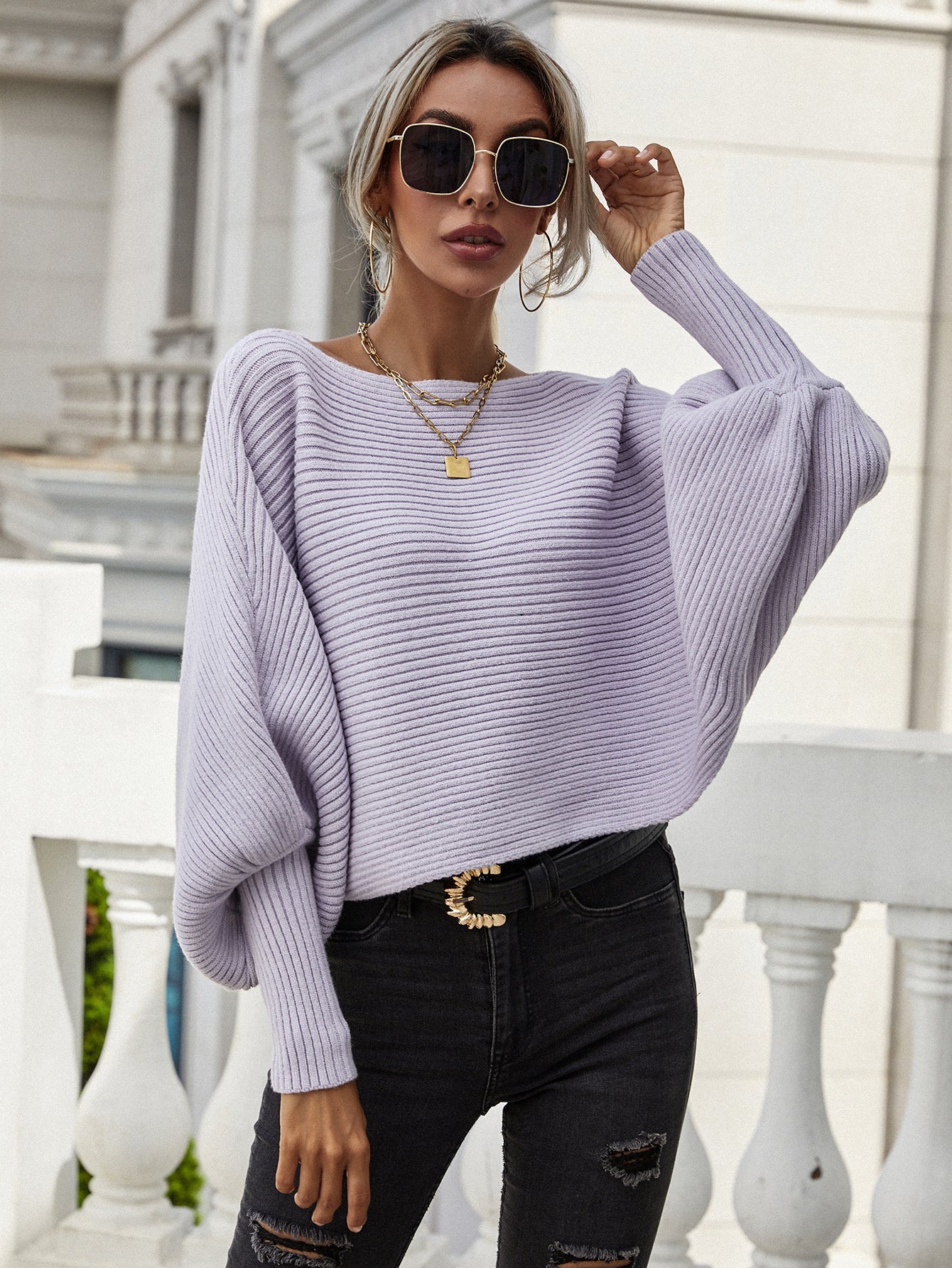 Horizontal Ribbing Dolman Sleeve Sweater - LOLA LUXE