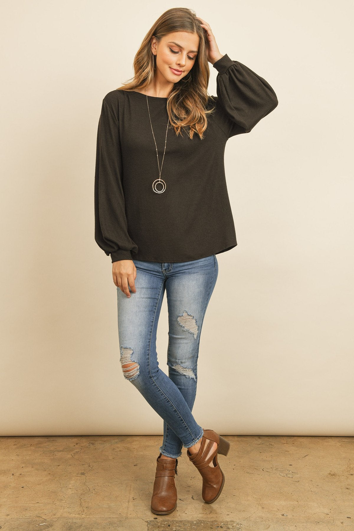 Puff Sleeved Boat Neck Two Toned Brushed Hacci Top - LOLA LUXE