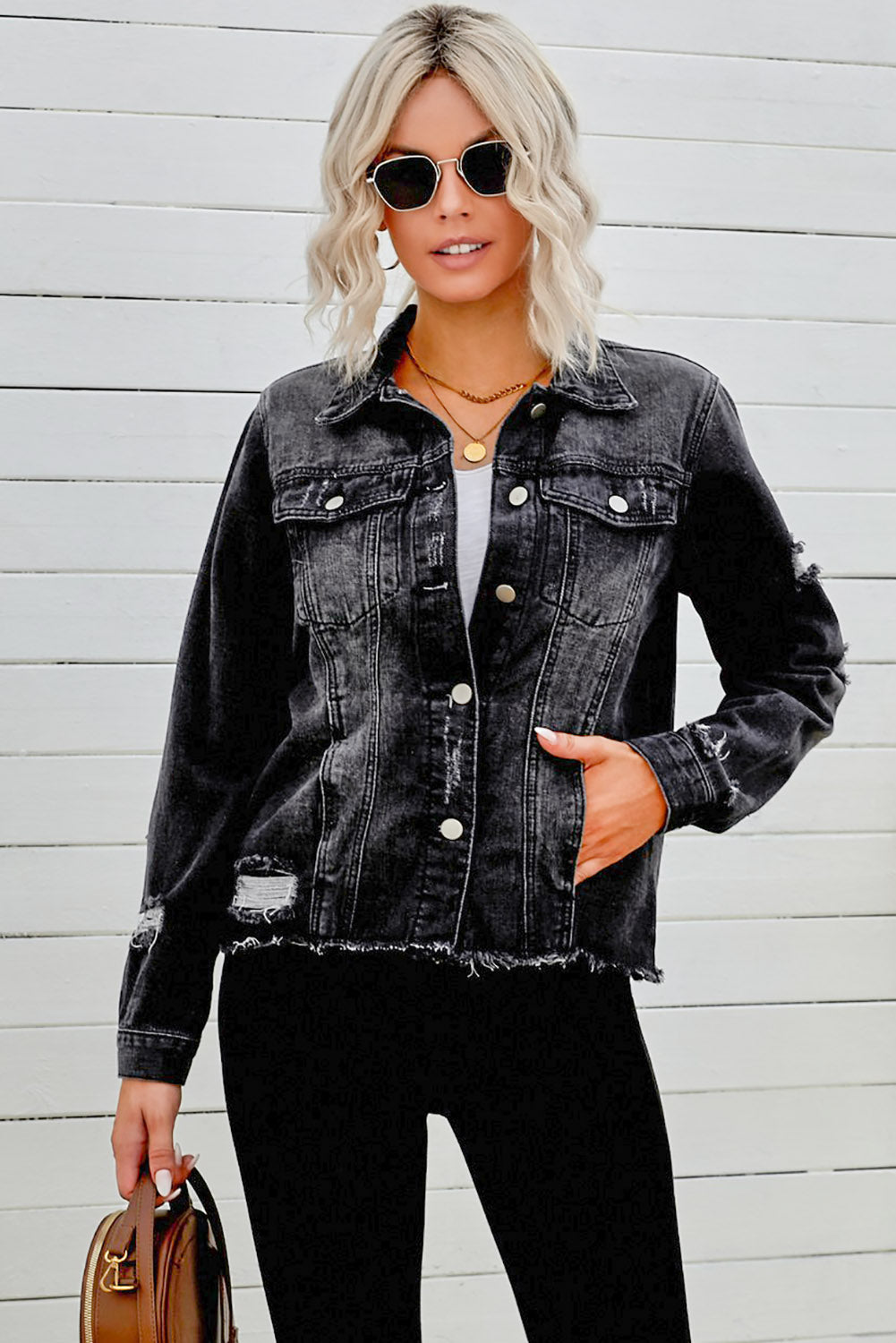 Distressed Raw Hem Denim Jacket - LOLA LUXE