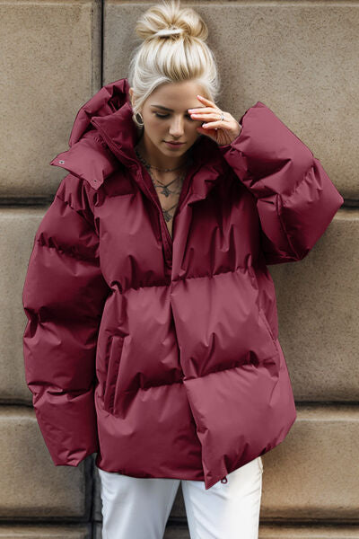 Pocketed Zip Up Hooded Puffer Jacket - lolaluxeshop